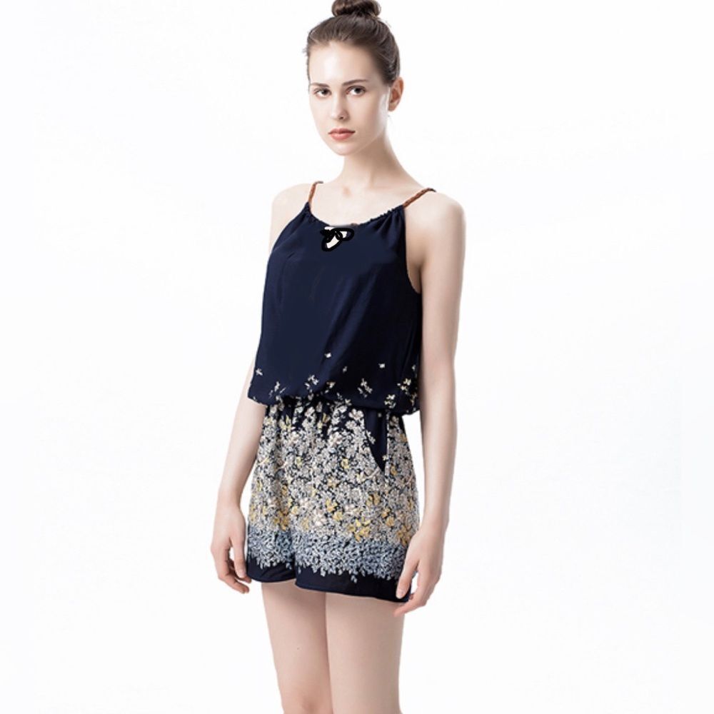 100% cotton navy blue and mocha cascading floral romper with pockets size medium